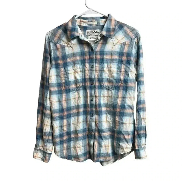 Ariat REAL Women's Small Plaid Long Sleeve Button Up Shirt Blue Pink Relaxed Fit - Picture 1 of 11